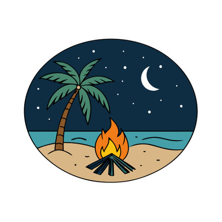 A cozy campfire on the beach under a starry sky with palm trees.. AI generated. Vector iconのイラスト素材