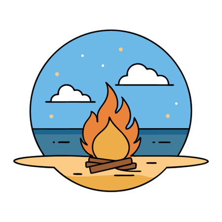 Burning campfire on the sand beach. Beautiful sunset sky with clouds.. AI generated. Vector iconのイラスト素材