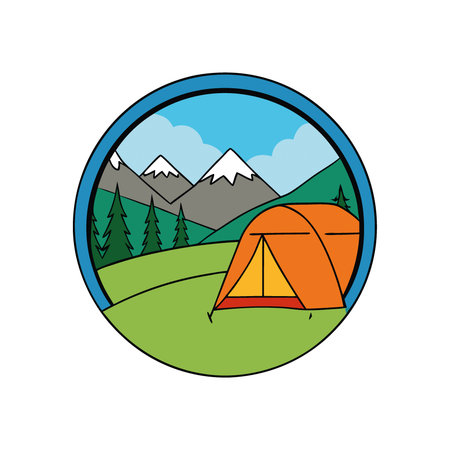 POV from a camping tent. scenic view of the mountains in the summer. AI generated. Vector iconのイラスト素材