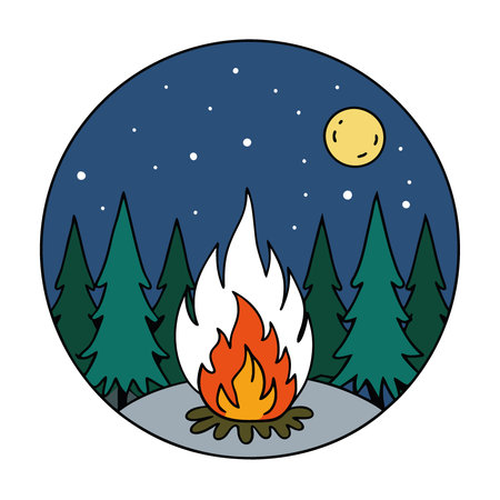 A fire is lit in a forest at night. with a full moon in the background. AI generated. Vector iconのイラスト素材