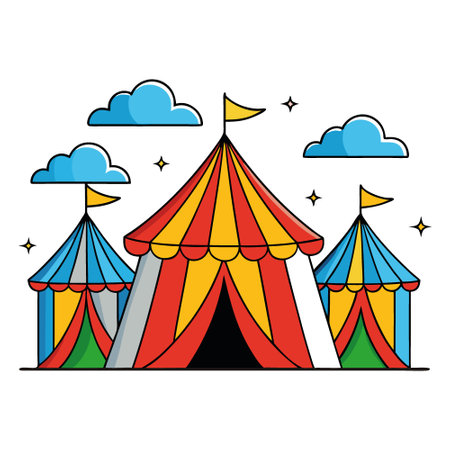 Colorful circus tents with star covered roofs under a sunny sky with clouds. AI generated. Vector iconのイラスト素材