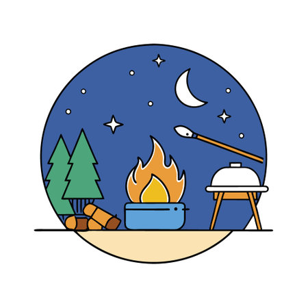 Cozy campfire cooking setup surrounded by logs and tools under a starlit sky. AI generated. Vector iconのイラスト素材
