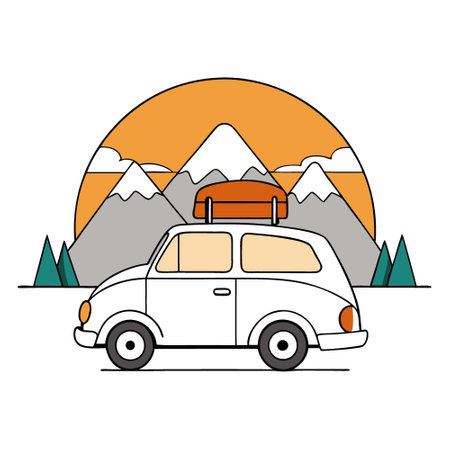 Car with opened trunk standing with a scenic view at the mountains at sunset. . AI generated. Vector iconのイラスト素材