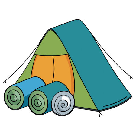 Campground Comfort. Open Tent and Rolled Sleeping Pads for Touristic Holiday Makers. AI generated. Vector iconのイラスト素材