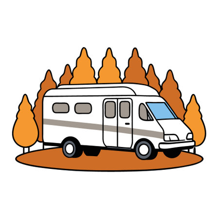 Motorhome or big family van in a road trip. autumn forest natural background. AI generated. Vector iconのイラスト素材