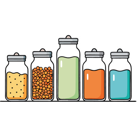 A row of mason jars filled with different types of food for display or storage. AI generated. Vector iconのイラスト素材