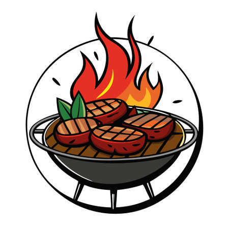 Grilled delicious beef steaks with vegetables and herbs over flames on outdoor grill. AI generated. Vector iconのイラスト素材