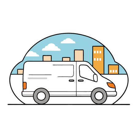 White modern delivery small shipment cargo courier van moving fast on motorway road to city. AI generated. Vector iconのイラスト素材