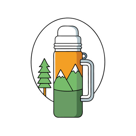 Reusable thermos in hand against forest mountains. thermo water bottle in hiking time.. AI generated. Vector iconのイラスト素材