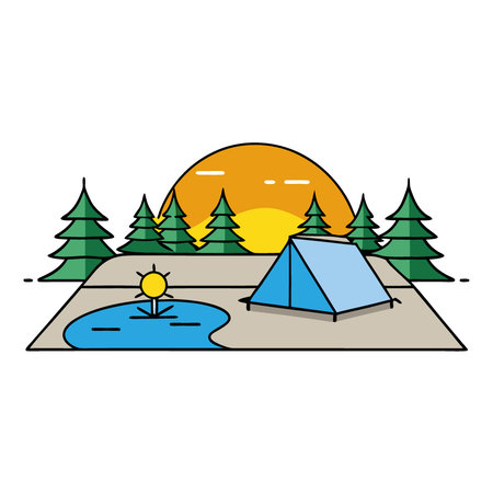 Early morning sun casts long shadows across a peaceful lakeside campsite surrounded by pine trees.. AI generated. Vector iconのイラスト素材