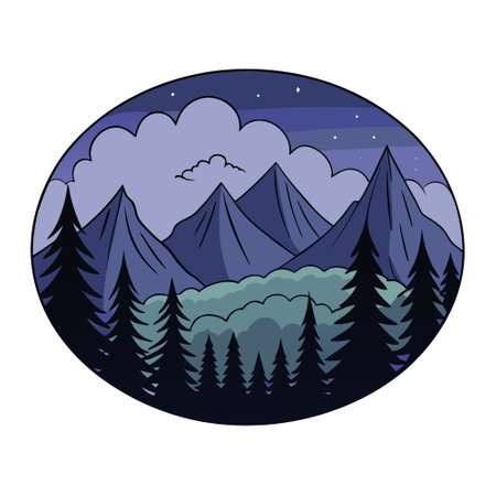 Evening dense foggy forest with high mountains in distance. Mysterious and atmospheric forest landscape. . AI generated. Vector iconのイラスト素材