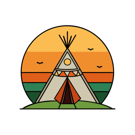 Tribal Indian teepee in the field at sunset. First Nations tips on the open prairies of North...