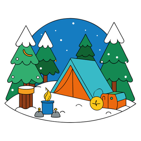 Holiday Campout Eco-Friendly Christmas Camping Gear with Festive Decorations in a Winter Forest Setting at Dusk. AI generated. Vector iconのイラスト素材