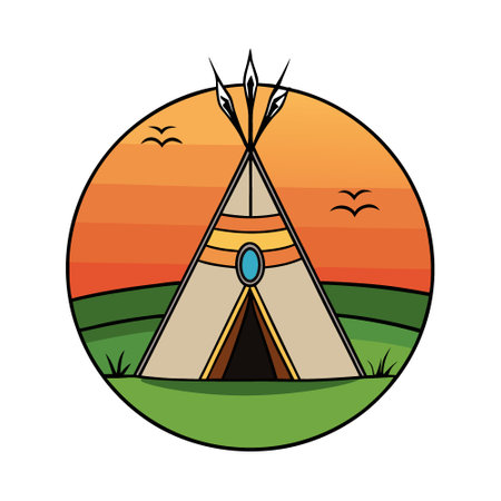 A Native American wigwam on a grassy plain at sunset. The house of the Inhabitants of the Tribe in...