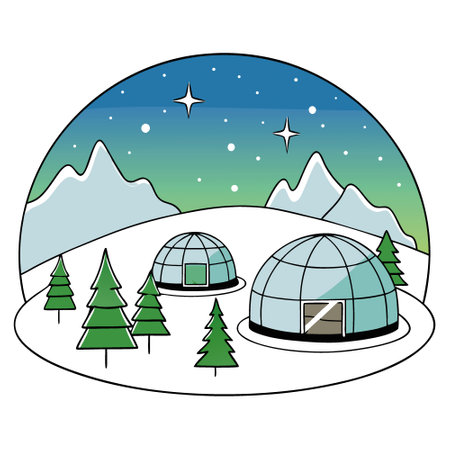 A winter resort with glass igloos for stargazing. surrounded by snow covered trees and the Northern...