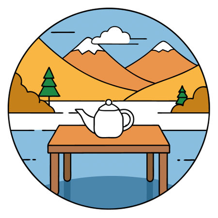 Wooden table with teapot in front of blurred background of autumn forest and lake. Lake. mountains and forest.. AI generated. Vector iconのイラスト素材