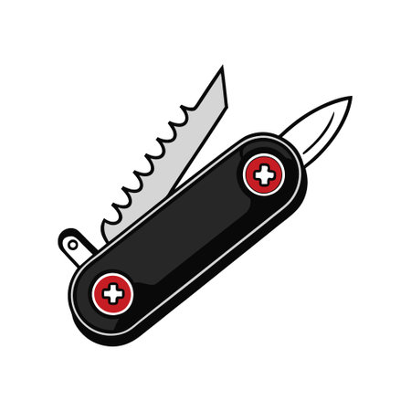 A black background with a silver and black multi-tool. The tool is a Swiss Army knife with a serrated edge. AI generated. Vector iconのイラスト素材
