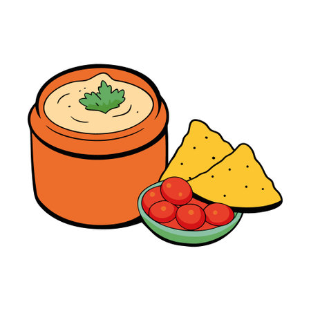 A jar of homemade roasted red pepper hummus served with a side of pita bread and a mix of fresh vegetables for dipping.. AI generated. Vector iconのイラスト素材
