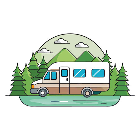 A luxury recreational vehicle parked in a picturesque forest setting near a serene lake reflecting the tranquil wilderness. AI generated. Vector iconのイラスト素材