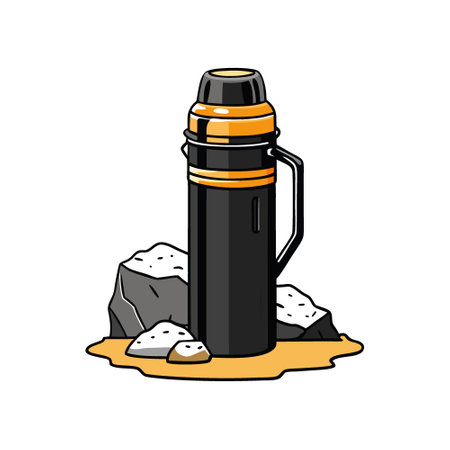 Black gold outdoor camping thermos. vacuum flask standing on the rocks. Drinking container equipment for hiking. travelling. AI generated. Vector iconのイラスト素材