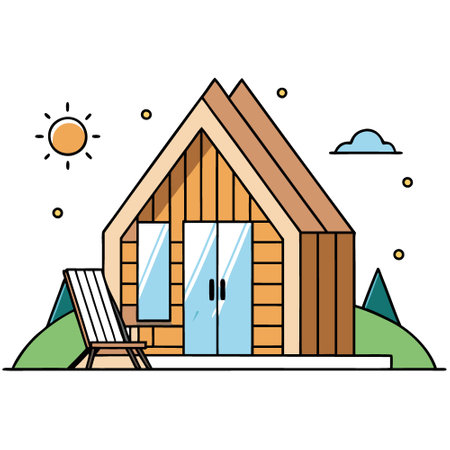 Small modern and elegant barrel wooden cabin house. tiny house and garden with two sun loungers. luxury camping. whit lawn. . AI generated. Vector iconのイラスト素材