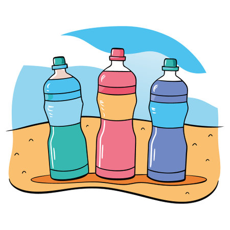 Colorful water bottles on a sandy beach. perfect for outdoor activities and hydration. Ideal for summer and travel themes.. AI generated. Vector iconのイラスト素材