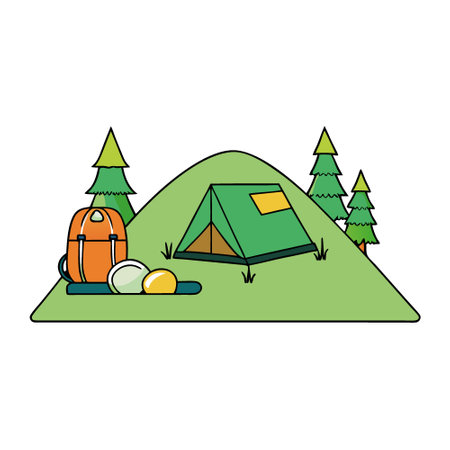 Forest Green Adventure Awaits. Rugged camping tent. sleeping bag and a backpack. resting on a patch of grass with trees in the distance. AI generated. Vector iconのイラスト素材
