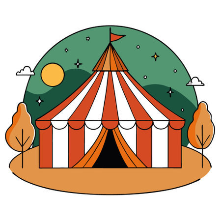 A digital painting shows a circus tent at night with a warm. inviting atmosphere. Autumn scenery. small tents. and whimsical details create a festive feel.. AI generated. Vector iconのイラスト素材