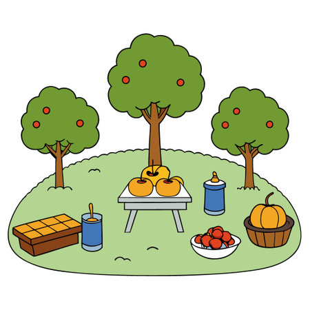 A picnic at a local orchard surrounded by rows of apple trees heavy with fruit. Homemade apple pies and cider donuts are on the menu along with refreshing apple cider.. AI generated. Vector iconのイラスト素材