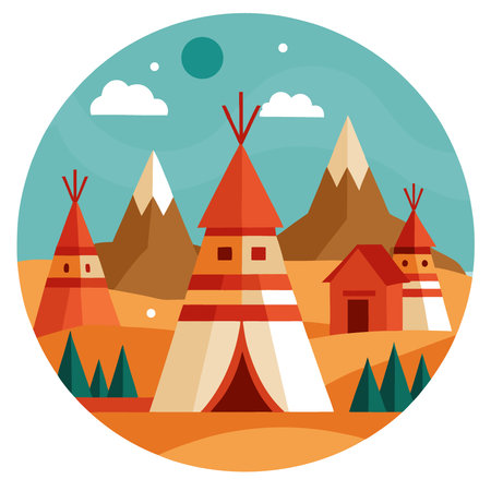 View of an Indian native American village with teepee tents. . AI generated. Vector iconのイラスト素材