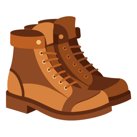 A worn pair of brown hiking boots standing on a white background. AI generated. Vector icon