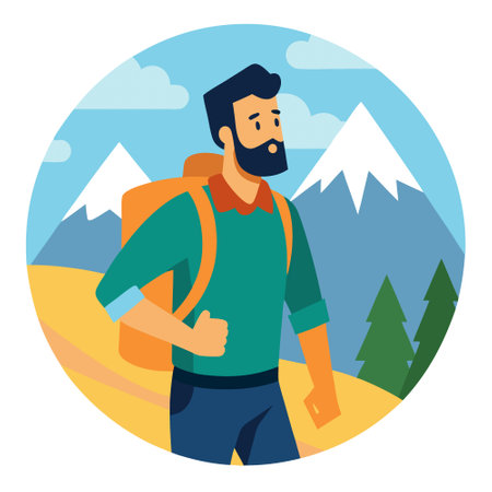 Rugged male hiker with beard trekking in sunny mountain terrain. AI generated. Vector iconのイラスト素材