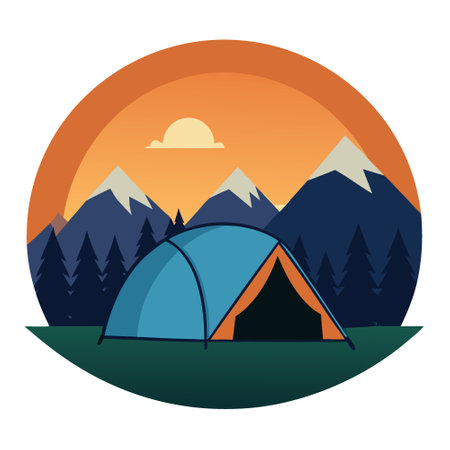 View from the tent of the mountain landscape during sunset or sunrise. AI generated. Vector iconのイラスト素材