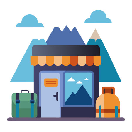 Shop for equipment for hiking in the mountains. backpacks for camping.. AI generated. Vector iconのイラスト素材