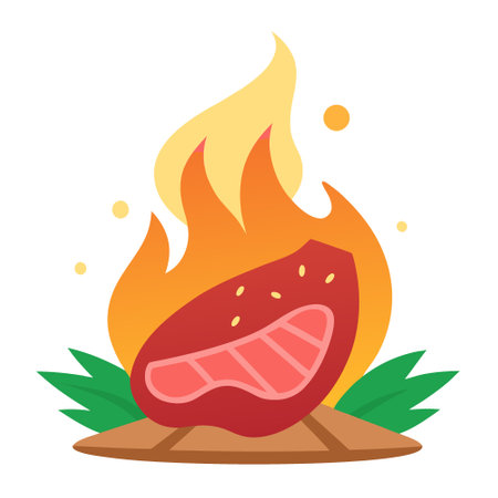 Meat steak piece bbq cooking fry on campfire wallpaper background. AI generated. Vector iconのイラスト素材