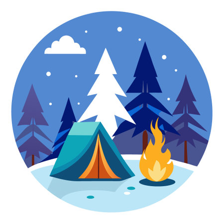 Camping tent and bonfire burning in snowy forest during winter snowfall. AI generated. Vector iconのイラスト素材