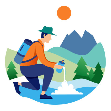 Hiker Refreshing with Portable Water Filter at Mountain Stream. AI generated. Vector iconのイラスト素材