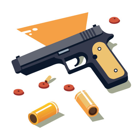 A pistol and shell casings lie on the asphalt. evidence of a crime. AI generated. Vector iconのイラスト素材