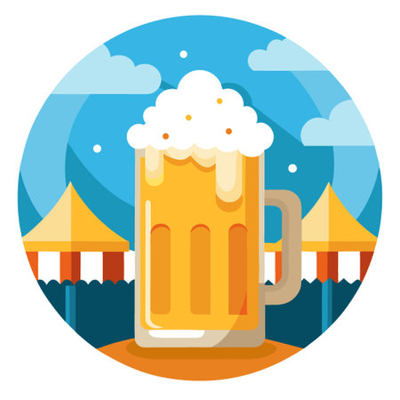 Beer glass in focus at crowded Oktoberfest tent. celebration moo. AI generated. Vector iconのイラスト素材