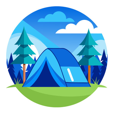 Blue tent camping in a serene forest setting under the clear sky. AI generated. Vector iconのイラスト素材