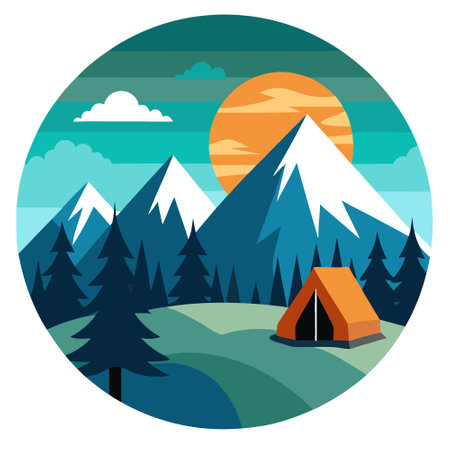 Camping Adventure in Serene Mountain Landscape with Morning Light and Forest View. AI generated. Vector iconのイラスト素材