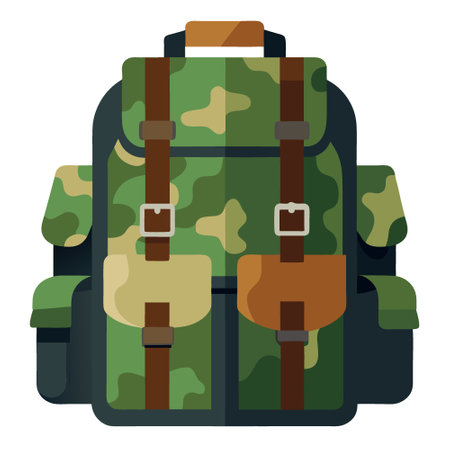 A large camouflage backpack with multiple compartments sits ready for adventure. AI generated....
