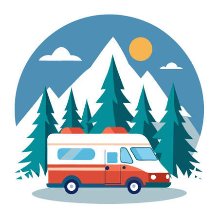 Motorhome or big family van in a road trip. winter forest natural background. AI generated. Vector iconのイラスト素材