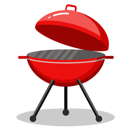 Portable red charcoal barbecue grill with open lid on transparent background. AI generated. Vector iconのイラスト素材