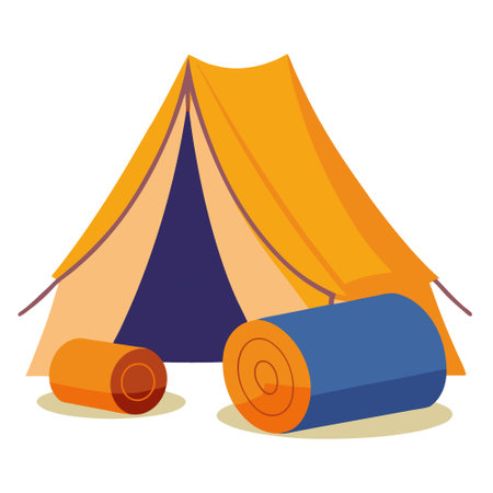 Campground Comfort. Open Tent and Rolled Sleeping Pads for Touristic Holiday Makers. AI generated. Vector iconのイラスト素材