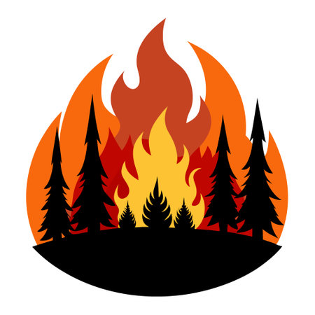 Burning forest in flames. silhouette. raging fire. Wildfire. bush or vegetation fire. AI generated. Vector iconのイラスト素材