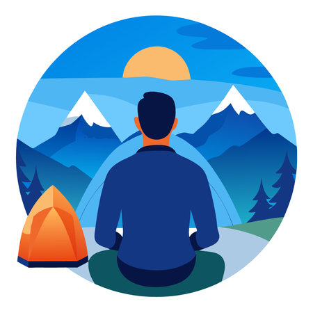 Back view of a man sitting in a tent. looking out at a panoramic mountain view during sunrise.. AI generated. Vector iconのイラスト素材