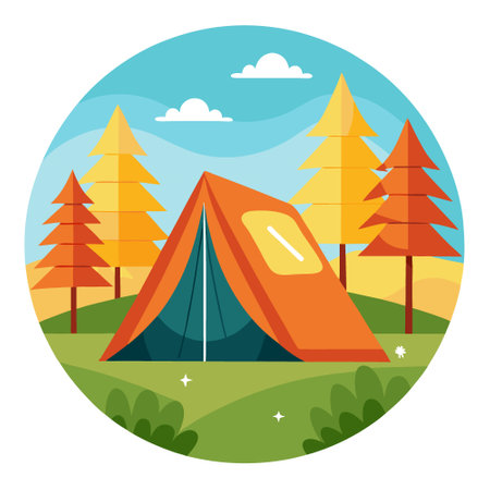 A large tourist tent stands on a lawn in the middle of a forest in autumn morning sunny weather. AI generated. Vector iconのイラスト素材