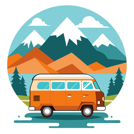 An orange vintage van parked by a serene mountain lake with snow-capped peaks in the background.. AI generated. Vector iconのイラスト素材