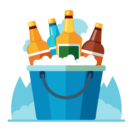 A bucket of ice cold craft beers nestled in a bed of ice ready to be enjoyed on a sunny picnic day.. AI generated. Vector iconのイラスト素材